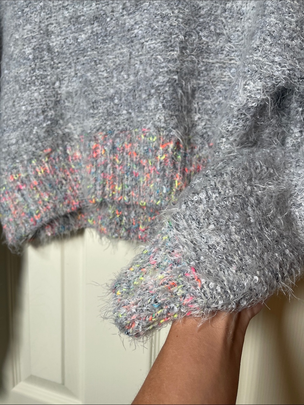 Free People Gray Fuzzy Crewneck Sweater with Pastel Multicolor Trim - Picture 3 of 8